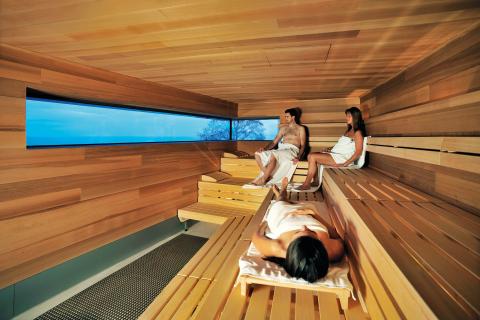 Drei Personen sitzen in der Panoramasauna mit Blick über den Bodensee.